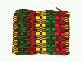 Mała, kolorowa saszetka z tkaniny w żółte, zielone i czerwone wzory, z zamkiem błyskawicznym.