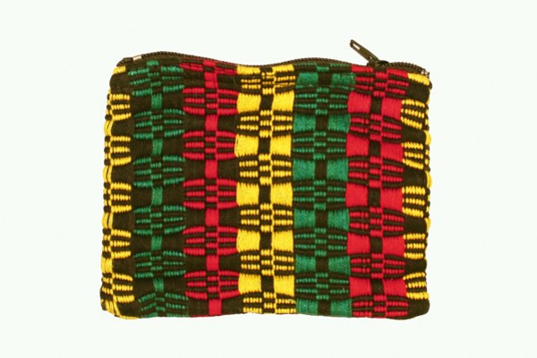 Mała, kolorowa saszetka z tkaniny w żółte, zielone i czerwone wzory, z zamkiem błyskawicznym.