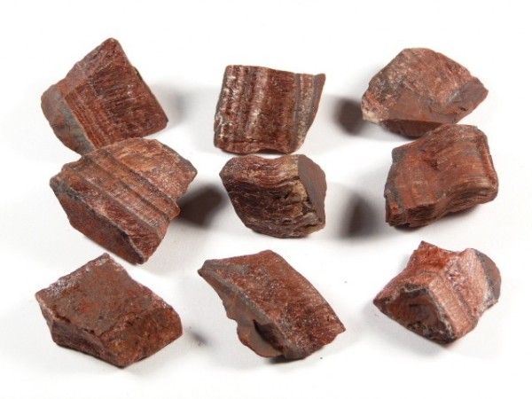 Osiem kawałków brązowego, prążkowanego minerału na białym tle.