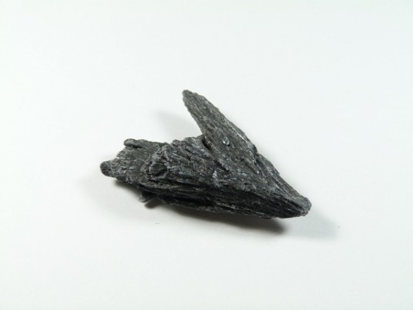 Czarny minerał kyanit o strukturze przypominającej skrzydło, leży na białym tle.
