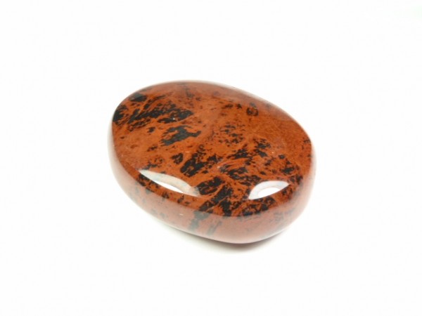 Wypolerowany, brązowy kamień z czarnymi plamkami na białym tle.