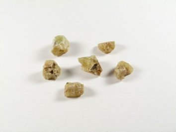 Sześć żółtawych kryształów berylu leży na białym tle.