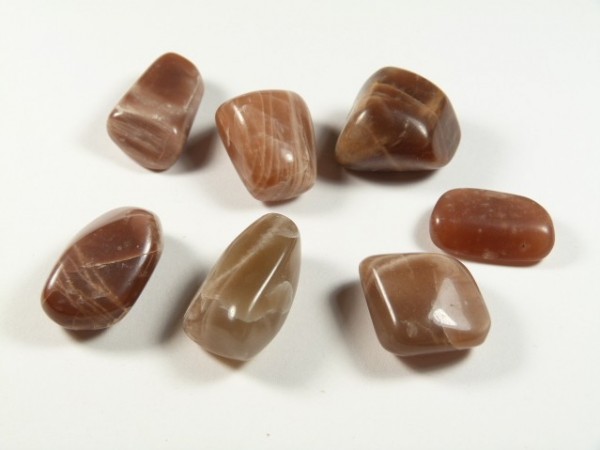 Kamień księżycowy - kamień gładzony, polerowany, szlifowany i bębnowany w formie otoczaka. Siedem gładkich, brązowych kamieni ułożonych na białym tle.