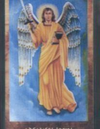 Archanioł z mieczem i kielichem w dłoniach na niebieskim tle, napis „Arcangel Jofiel”.