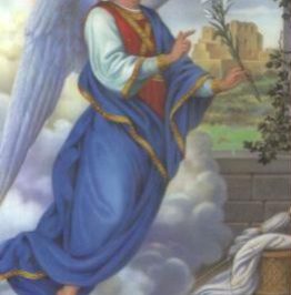 Archanioł Gabriel z aureolą, trzymający białą lilię, unosi się na chmurze.