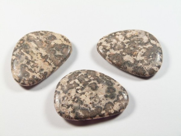 Jaspis skóra leoparda szlifowany płaski kamień. Trzy gładkie, owalne kamienie o marmurkowym wzorze leżą na białym tle.