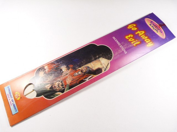 Pudełko kadzidełek o nazwie "Go Away Evil" z kolorową grafiką na opakowaniu.