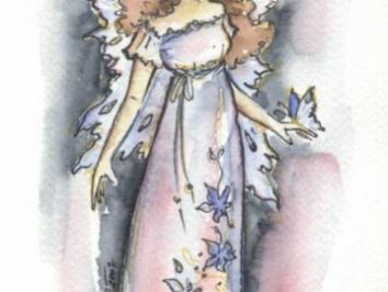 Akwarelowa wróżka w długiej sukni trzymająca motyla na wyciągniętej dłoni.