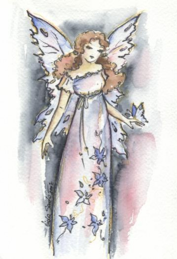 Akwarelowa wróżka w długiej sukni trzymająca motyla na wyciągniętej dłoni.