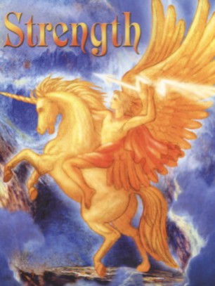 Złoty anioł jeździ na tle nieba na jednorożcu z rozpostartymi skrzydłami.