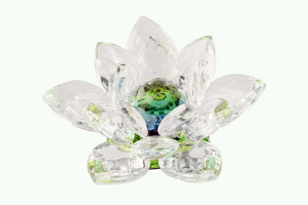 Szklana figurka w kształcie kwiatu lotosu na jasnym tle.