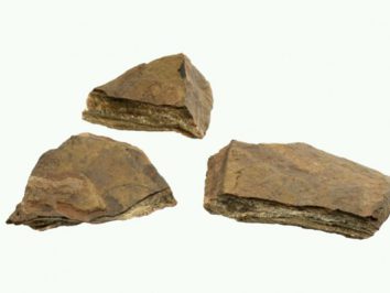 Trzy kawałki brązowego łupka na białym tle.