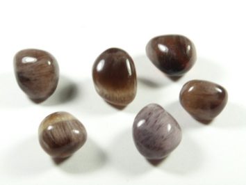 Fluoryt dymny - kamień gładzony, polerowany, szlifowany i bębnowany w formie otoczaka. Sześć wygładzonych, brązowych kamieni leży na białym tle.
