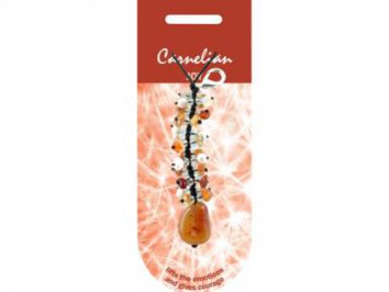 Wisiorek z koralikami, zawieszony na tle z napisem "Carnelian" i grafikiem kamienia.
