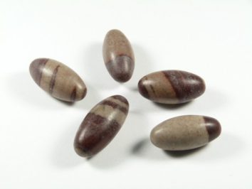 Pięć owalnych kamieni sziva lingam leży na białym tle.