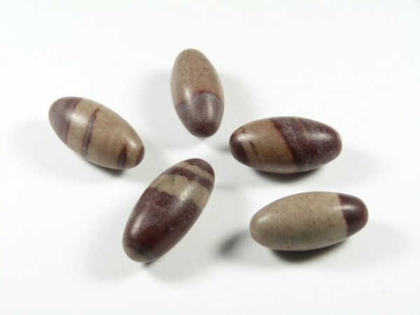 Pięć owalnych kamieni sziva lingam leży na białym tle.