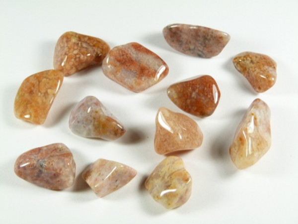 Kilka wypolerowanych kamieni o brązowo-beżowych odcieniach leży na białym tle.