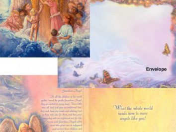 Anioł otoczony dziećmi, pastelowe kolory, motyw kartki z życzeniami i koperty.