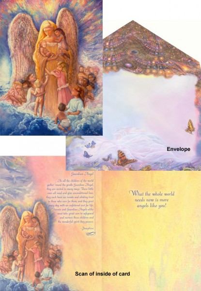 Anioł otoczony dziećmi, pastelowe kolory, motyw kartki z życzeniami i koperty.