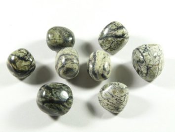 Chryzotyl kamień gładzony szlifowany polerowany bębnowany otoczak. Siedem wygładzonych kamieni o czarno-białym wzorze leży na białym tle.