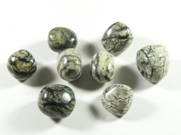 Chryzotyl kamień gładzony szlifowany polerowany bębnowany otoczak. Siedem wygładzonych kamieni o czarno-białym wzorze leży na białym tle.