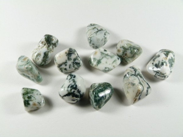 Polerowane kamienie zielonego agatu mszystego ułożone na białym tle.