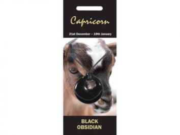 Koza z wiszącym czarnym obsydianem, napis "Capricorn" oraz daty znaku zodiaku.