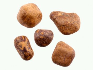 Mariyam - kamień gładzony, polerowany, szlifowany i bębnowany w formie otoczaka. Pięć brązowych, wygładzonych kamieni leży na jasnym tle.