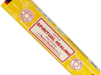 Żółte opakowanie kadzidełek Satya Spiritual Healing Incense na białym tle.