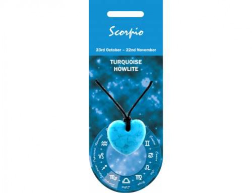 Wisiorek z turkusowego howlitu w kształcie serca, dedykowany dla znaku zodiaku Skorpion.