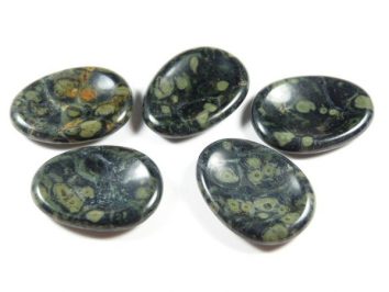 Jaspis kambara szlifowany płaski owalny. Pięć polerowanych, owalnych kamieni w zielono-czarnych odcieniach leży na białym tle.