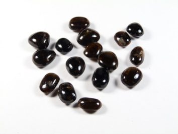 Kilka wypolerowanych, ciemnych kamieni leży na białym tle.