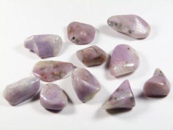 Kilka wygładzonych, fioletowych kamieni leży rozproszonych na białym tle.