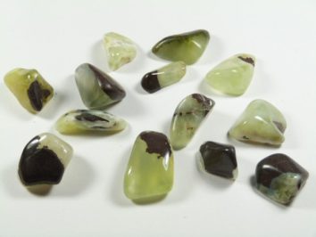 Kilka wygładzonych, zielonych kamieni z ciemnymi plamami leży na białym tle.