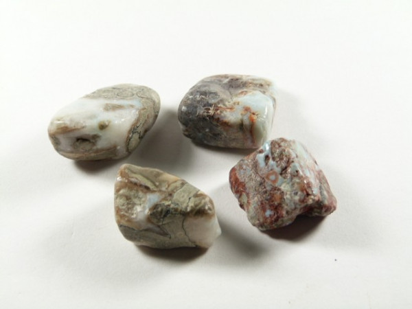 Cztery kamienie o nieregularnych kształtach leżą na białym tle.