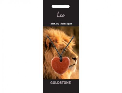 Naszyjnik z sercem z kamienia Goldstone na tle lwa, znak zodiaku Lew.