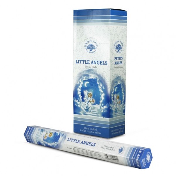 Niebieskie opakowanie kadzidełek „Little Angels” z grafiką aniołka na tle chmur.