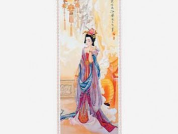 Tradycyjna chińska malowidło przedstawiające kobietę w kolorowym stroju.