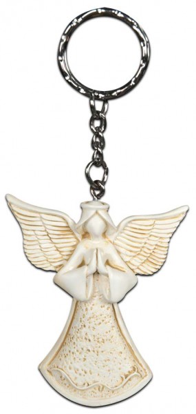 Breloczek przedstawiający jasnego anioła z rozłożonymi skrzydłami i złożonymi dłońmi.