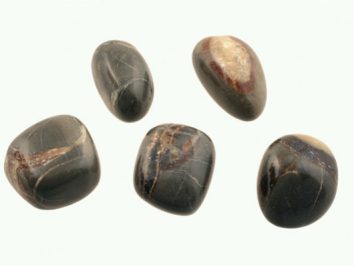 Septarian - kamień gładzony, polerowany, szlifowany i bębnowany w formie otoczaka. Pięć wypolerowanych, ciemnych kamieni leży na jasnym tle.