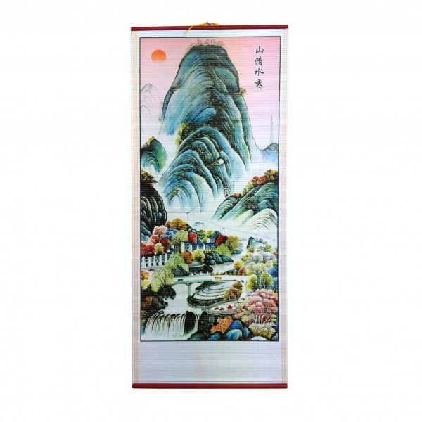 Chińskie malowidło na zwoju przedstawiające górski krajobraz z rzeką i drzewami.