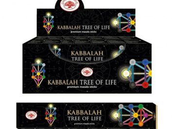 Czarne opakowanie kadzidełek z napisem "Kabbalah Tree of Life" i kolorowym Drzewem Życia.