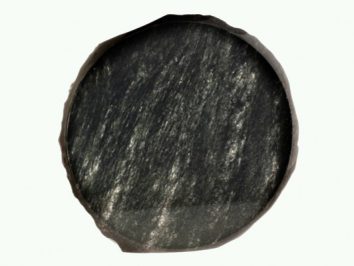 Okrągły, czarny kawałek łupka na jasnym tle, widoczna struktura kamienia.