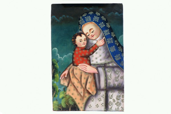 Obraz przedstawiający Matkę Boską trzymającą na rękach małego Jezusa na tle pejzażu.