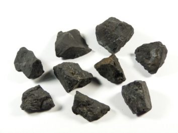 Osiem czarnych bryłek węgla na białym tle.