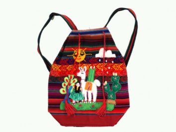 Kolorowy plecak z motywem lamy, kobiety, słońca i roślin, wykonany z tkaniny etnicznej.