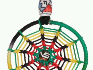 Amulet w kształcie łapacza snów z kolorowymi nićmi, zawieszony na czarnym sznurku.