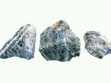 Trzy kawałki ciemnego minerału z jasnymi żyłkami na białym tle.