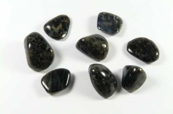 Osiem ciemnych, wygładzonych kamieni leży na białym tle.