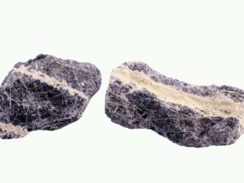 Dwa kawałki skały z widocznymi białymi żyłami minerału na jasnym tle.